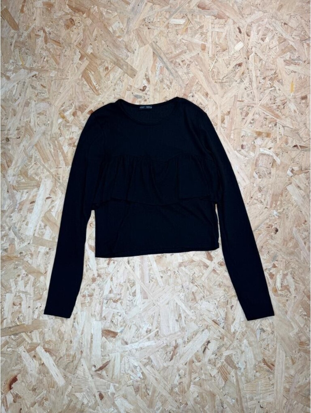 Zara Woman Collection Black Ruffle Cropped Long Sleeve Top Size S Small